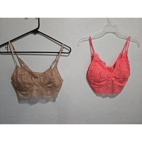 Bralette Lace Aerie Real Good Pink Black Long Line Bralette Size Small Set Of 2 - Picture 1 of 13
